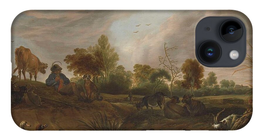 Landscape With Animals iPhone 14 Case featuring the painting Landscape With Animals by MotionAge Designs