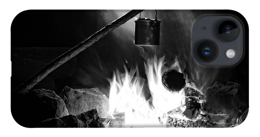 Camping iPhone 14 Case featuring the photograph leaning billy can fire BnW by Michael Blaine