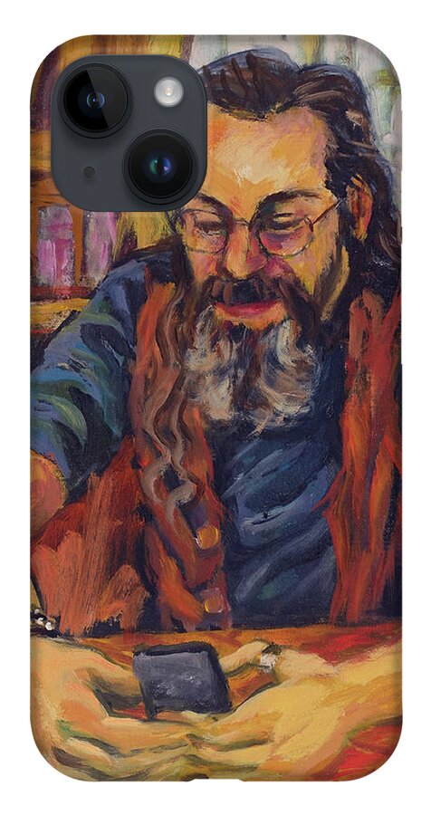 Mobile iPhone 14 Case featuring the painting Lee at his mobile by Peregrine Roskilly