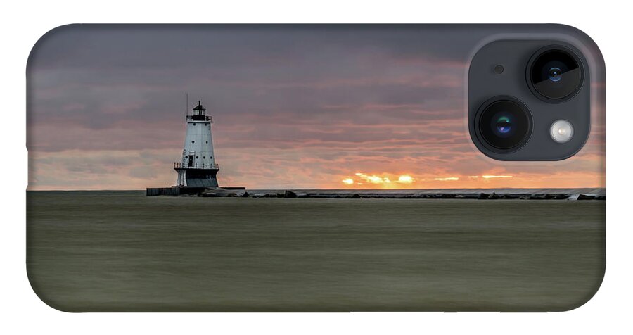 Ludington Mi iPhone 14 Case featuring the photograph Lighthouse and Sunset by Lester Plank
