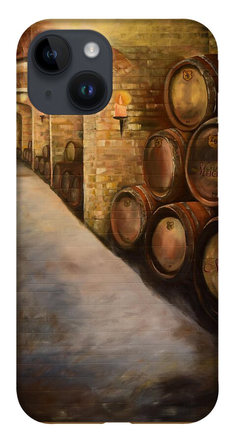 Winery iPhone 14 Case featuring the painting Lights in the Wine Cellar - Chateau Meichtry Vineyard by Jan Dappen