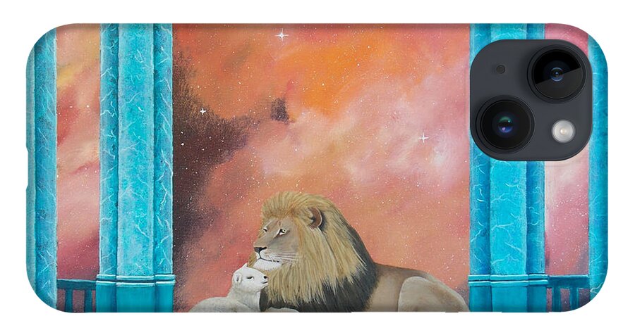 Lion iPhone 14 Case featuring the painting Lion and Lamb by Tracey Goodwin