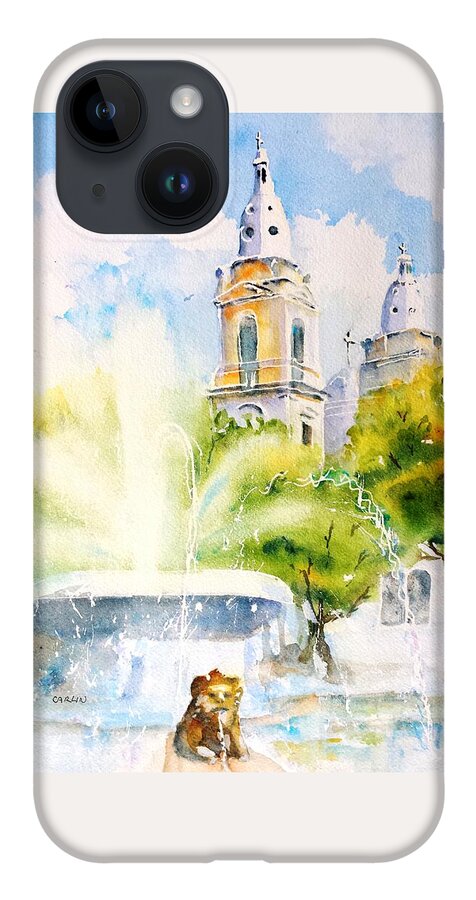 Puerto Rico iPhone Case featuring the painting Lions Fountain Plaza Las Delicias Ponce Cathedral Puerto Rico by Carlin Blahnik CarlinArtWatercolor