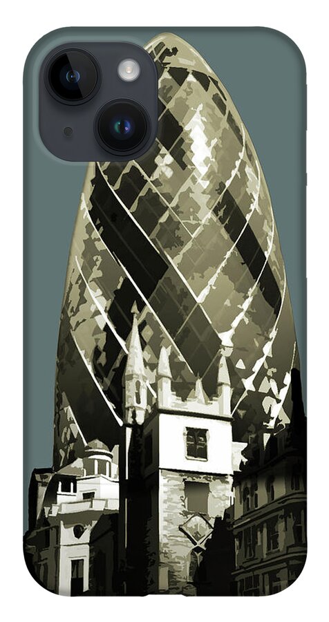 Wheel iPhone 14 Case featuring the painting London - Gherkin - Soft Blue Greys by BFA Prints