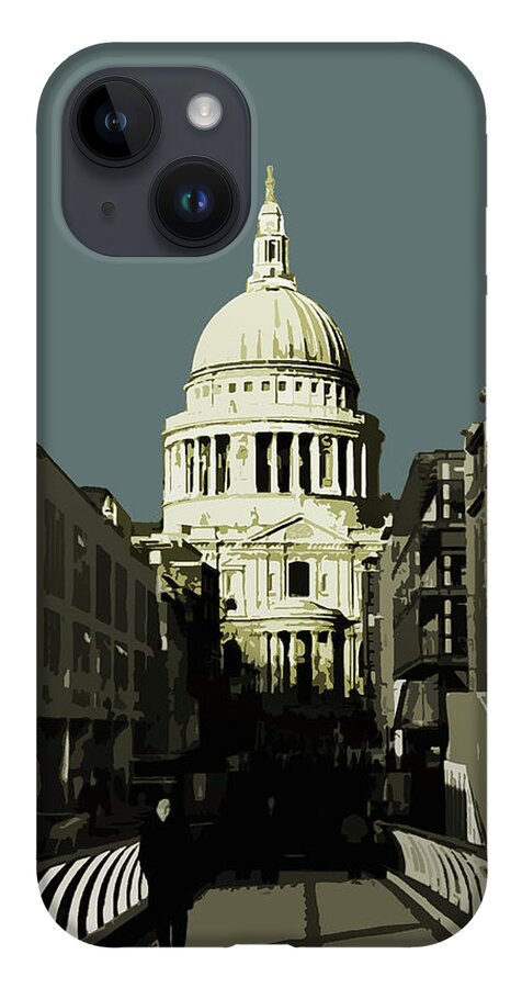 Wheel iPhone 14 Case featuring the painting London - Saint Pauls - Soft Blue Greys by Big Fat Arts