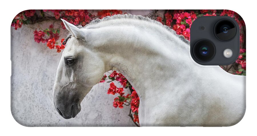 Russian Artists New Wave iPhone 14 Case featuring the photograph Lusitano Portrait in Red Flowers by Ekaterina Druz
