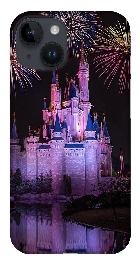 Disney iPhone 14 Case featuring the photograph Magic Kingdom Castle under Fireworks by Chris Bordeleau