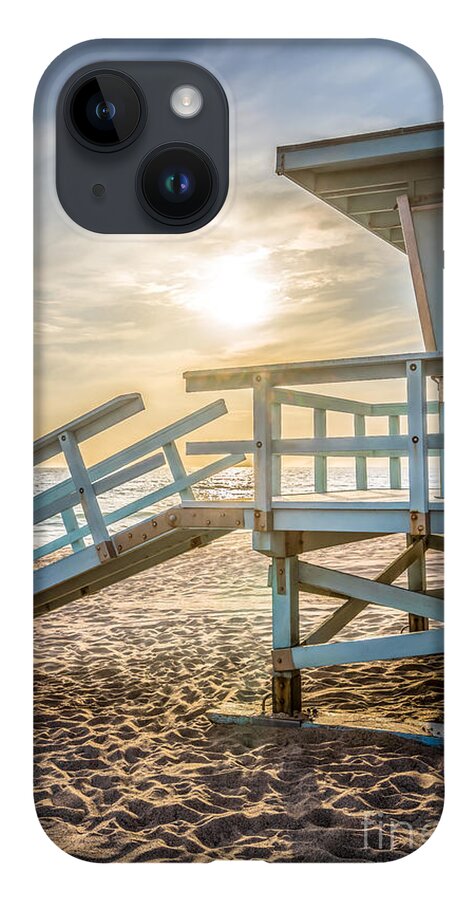 America iPhone 14 Case featuring the photograph Malibu Lifeguard Tower #3 Sunset on Zuma Beach by Paul Velgos