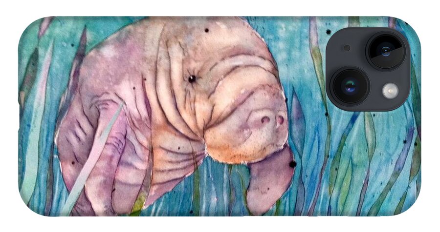 Manatee iPhone 14 Case featuring the painting Manatee in the sea grass by Midge Pippel