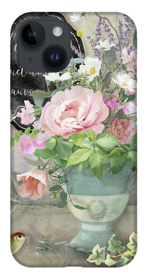 Marche Aux Fleurs iPhone 14 Case featuring the painting Marche aux Fleurs 3 Peony Tulips Sweet Peas Lavender and Bird by Audrey Jeanne Roberts