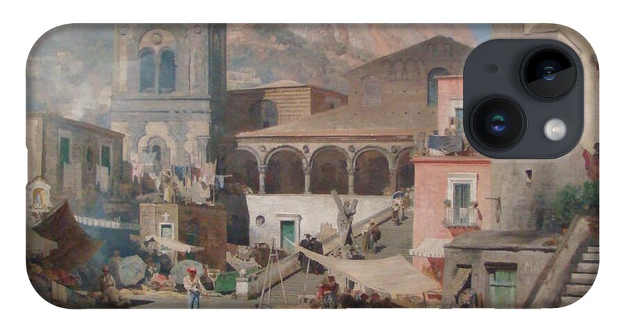 Oswald Achenbach  Market Square In Amalfi iPhone 14 Case featuring the painting Market Square in Amalfi by MotionAge Designs