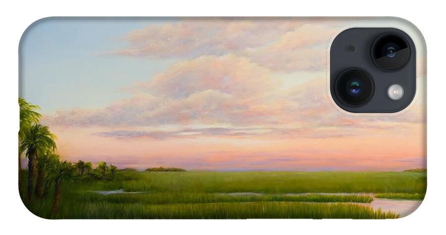 Coastal Marsh At Sunset iPhone 14 Case featuring the painting Coastal Light by Audrey McLeod