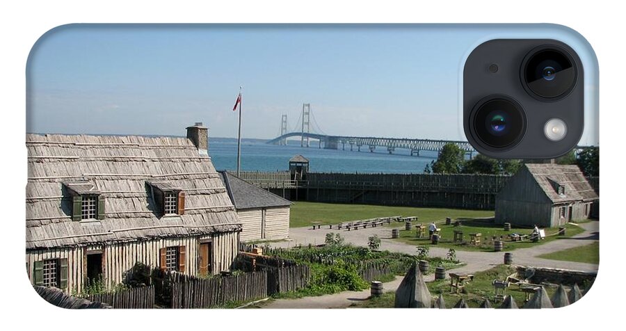Colonial Michilmackinac iPhone Case featuring the photograph Michilimackinac and Mackinac Bridge by Keith Stokes
