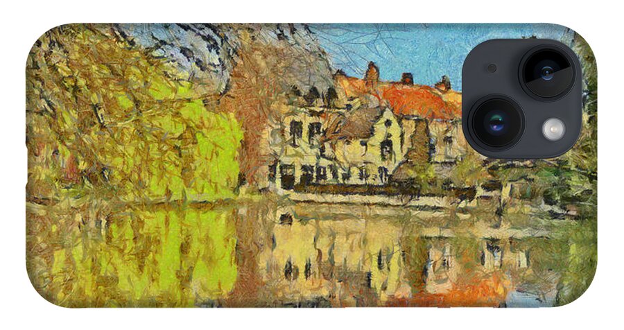 Belgium iPhone 14 Case featuring the digital art Minnewater Lake in Bruges Belgium by Digital Photographic Arts