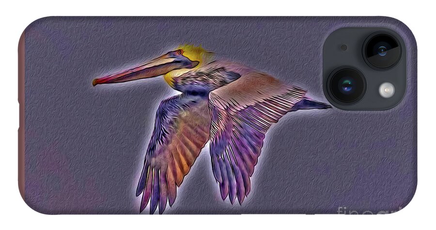 Brown iPhone 14 Case featuring the digital art Mystical Brown Pelican Soaring Spirit by DB Hayes
