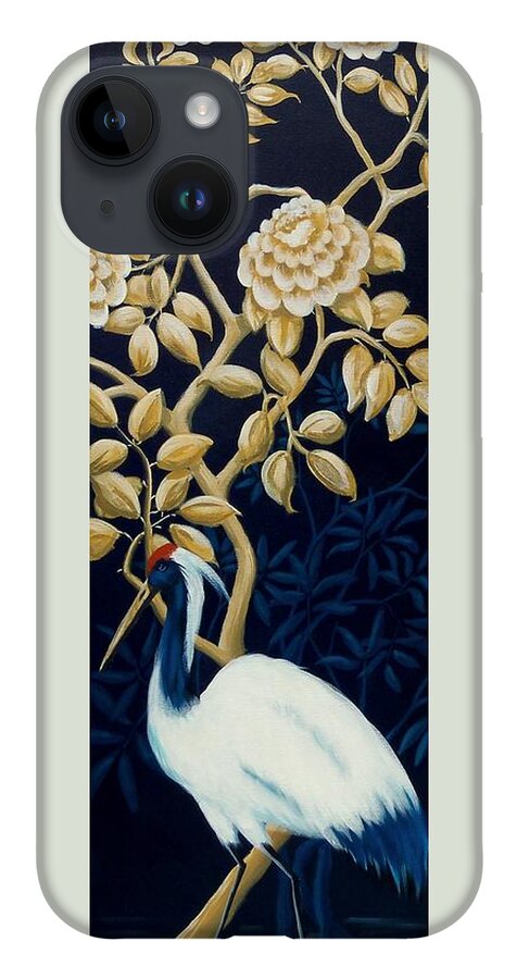 Gold iPhone 14 Case featuring the painting Navy Blue Gold Crane Oriental decor by Debbie Criswell