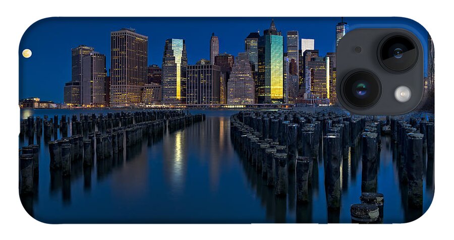 World Trade Center iPhone 14 Case featuring the photograph New York City Moonset by Susan Candelario
