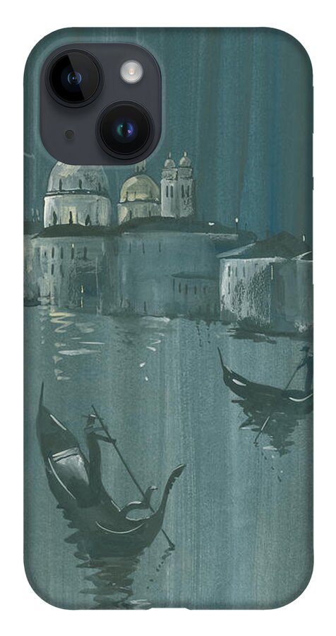Painting iPhone 14 Case featuring the painting Night in Venice. Gondolas by Igor Sakurov
