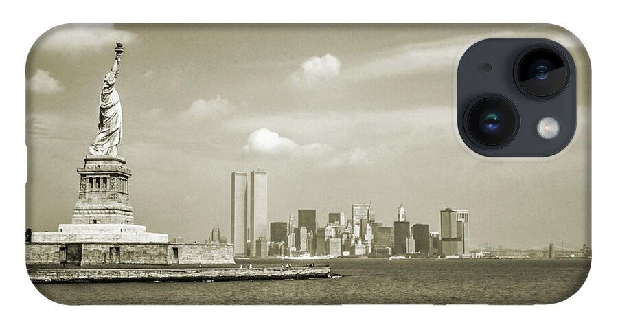 Statue Of Liberty iPhone 14 Case featuring the pyrography NYC Skyline Vintage Style by Benny Marty