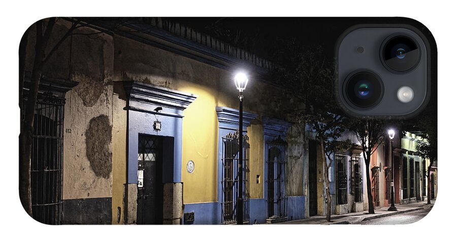 Oaxaca iPhone 14 Case featuring the photograph Oaxaca street at night, 2016 by Chris Honeyman