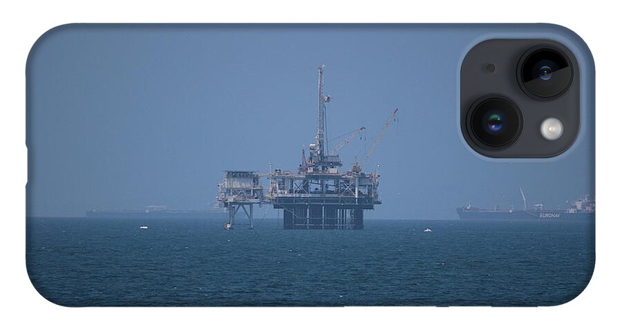 Oil Rig iPhone 14 Case featuring the photograph Oil Rig on Pacific in Haze by Colleen Cornelius