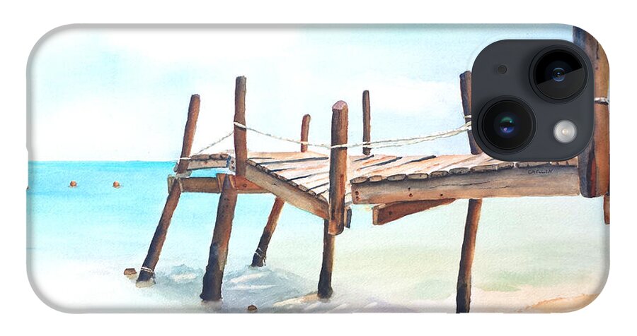 Pier iPhone 14 Case featuring the painting Old Fishing Pier Watercolor by Carlin Blahnik CarlinArtWatercolor