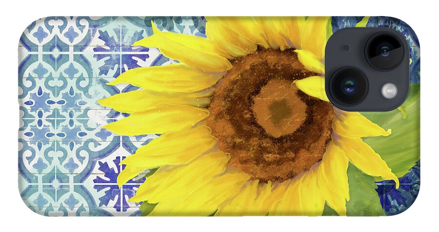 Old Havana iPhone 14 Case featuring the painting Old Havana Sunflower - Cobalt Blue Tile Painted over Wood by Audrey Jeanne Roberts