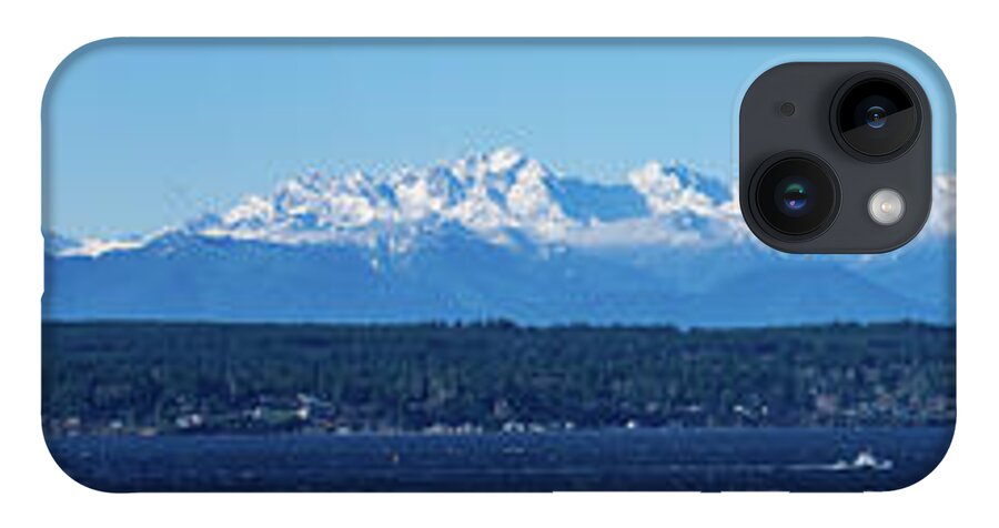 Olympic Mountains; Washington; Snow; Puget Sound; Water; Shoreline; Sky; Blue; Scenic; Northwest; Sunny; Sea; Bay; Snowy; Clear; Landscape; View; Wide; Outdoors; Panorama; Peaks; Scene; Edmonds; Seattle; Kitsap; Background; Fog iPhone 14 Case featuring the photograph Olympic Mountains From Shoreline by Mary Jo Allen