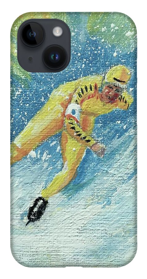 Yellow iPhone 14 Case featuring the painting Olympic Speed Skater by ML McCormick