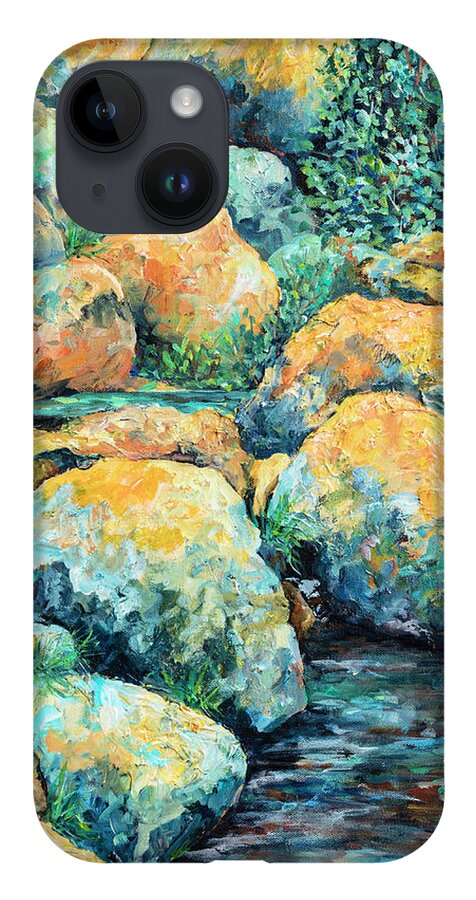 Landscape iPhone 14 Case featuring the painting On the Rocks by Sally Quillin
