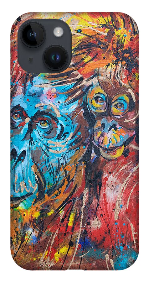 Orangutan Mother And Baby iPhone 14 Case featuring the painting Orangutan Joyful Ride by Jyotika Shroff