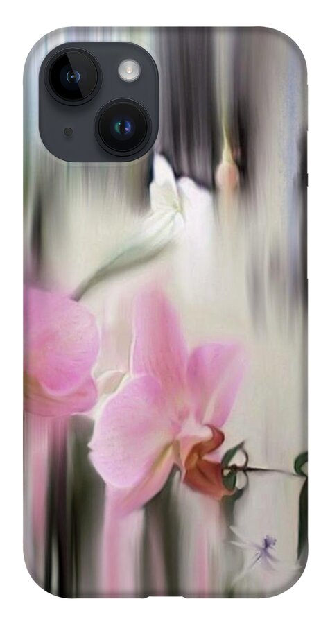 Orchids iPhone 14 Case featuring the digital art Orchids with dragonflies by Sand And Chi