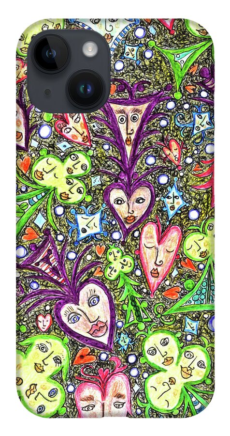 Lise Winne iPhone 14 Case featuring the painting Painting with Playing Card Symbols That Have Faces by Lise Winne