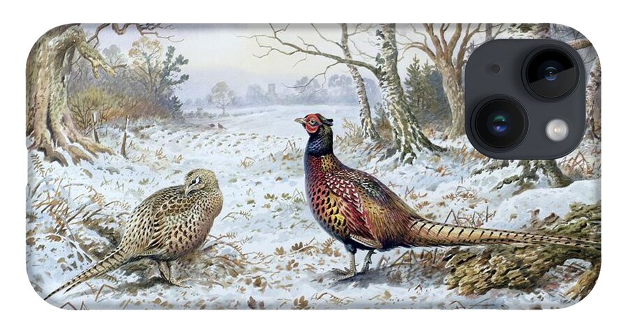 Game Bird; Snow; Woodland; Perdrix; Faisan; Troglodyte; Pheasant; Pheasants; Tree; Trees; Bird; Animals iPhone 14 Case featuring the painting Pair of Pheasants with a Wren by Carl Donner