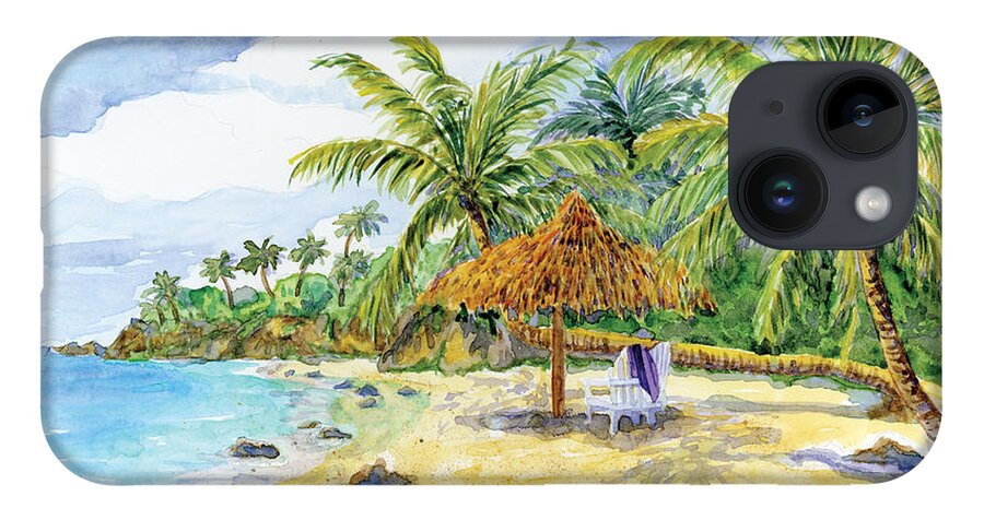 Palappa iPhone 14 Case featuring the painting Palappa n Adirondack Chairs on a Caribbean Beach by Audrey Jeanne Roberts
