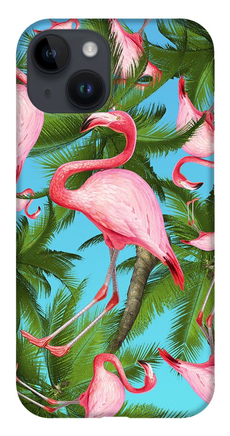 Summer iPhone Case featuring the digital art Palm tree and flamingos by Mark Ashkenazi