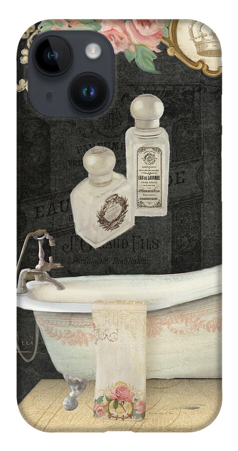 Chalk iPhone 14 Case featuring the painting Paris - Chalkboard Le Bain or The Bath Chandelier and tub with Roses by Audrey Jeanne Roberts