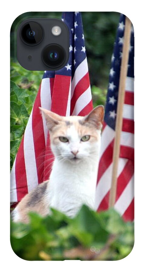 White Cat With Sandy-colored Spots iPhone 14 Case featuring the photograph Patriotic Cat by Valerie Collins