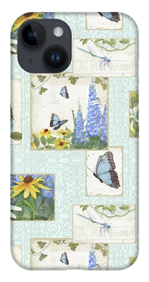 Half Drop Repeat iPhone 14 Case featuring the painting Pattern Butterflies Dragonflies Birds and Blue and Yellow Floral by Audrey Jeanne Roberts