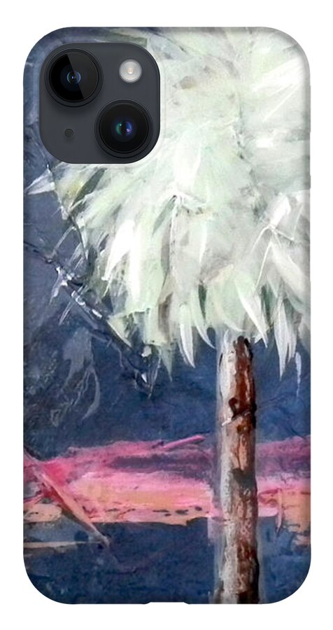 Peach iPhone 14 Case featuring the painting Peachy Horizons Palm Tree by Kristen Abrahamson