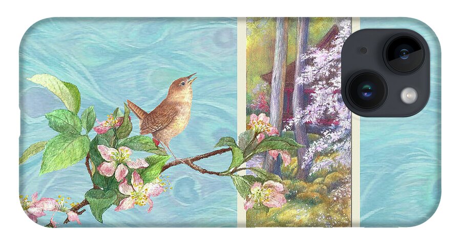 Illustrated Songbird iPhone 14 Case featuring the painting Peacock and Cherry Blossom with wren by Judith Cheng