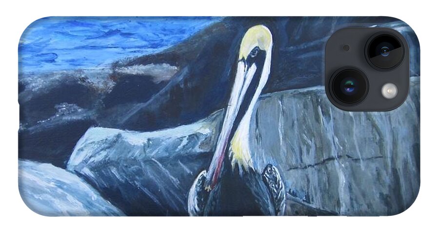 Pelican iPhone 14 Case featuring the painting Pelican On The Rocks by Paula Pagliughi