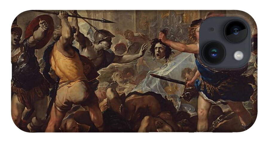 Luca Giordano iPhone 14 Case featuring the painting Perseus fights Phineas by Luca Giordano