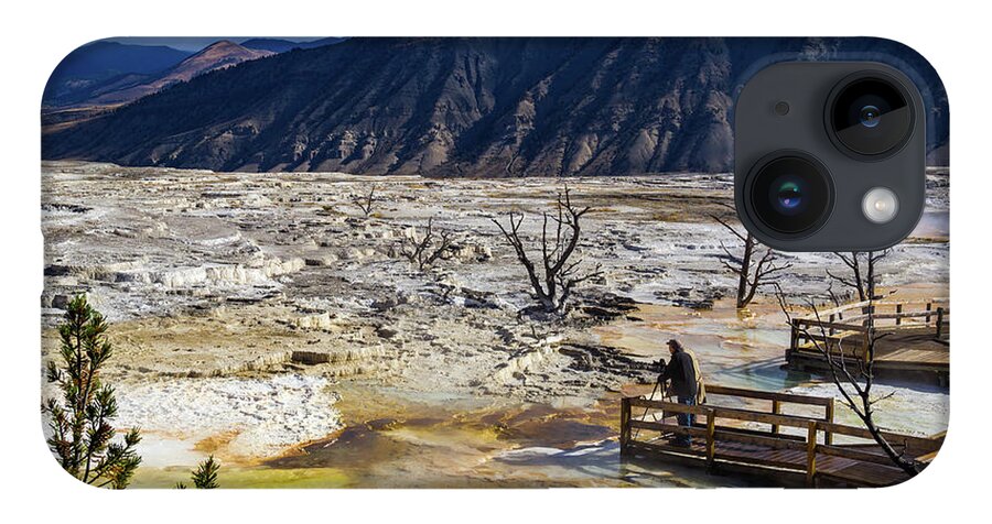 Hot iPhone 14 Case featuring the photograph Photographer at Mammoth Hot Springs, Yellowstone by Roslyn Wilkins