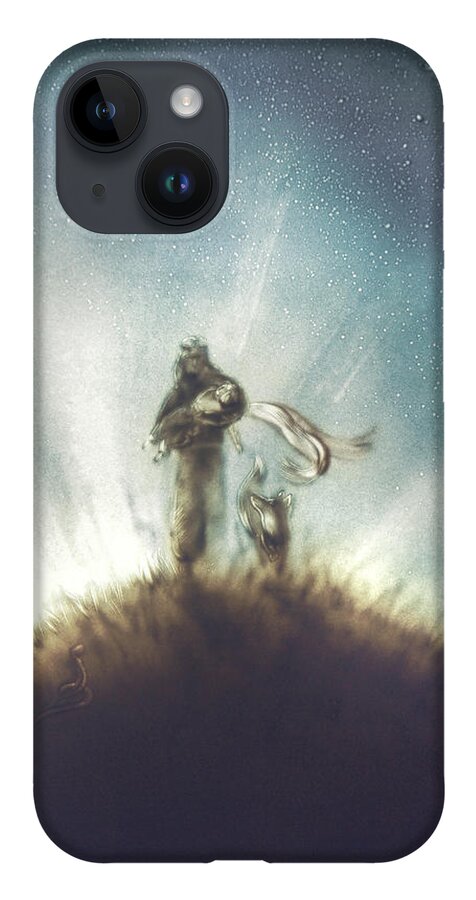 The Little Prince iPhone 14 Case featuring the painting Pilot, Little Prince and Fox by Elena Vedernikova