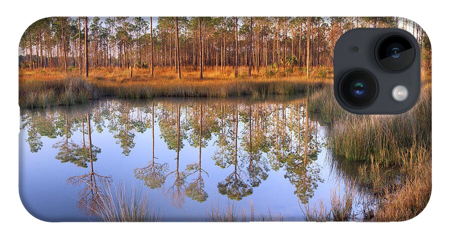 00175905 iPhone 14 Case featuring the photograph Pine Trees Reflected In Pond Near Piney by Tim Fitzharris