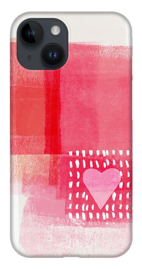 Heart iPhone 14 Case featuring the mixed media Pink and White Minimal Heart- Art by Linda Woods by Linda Woods