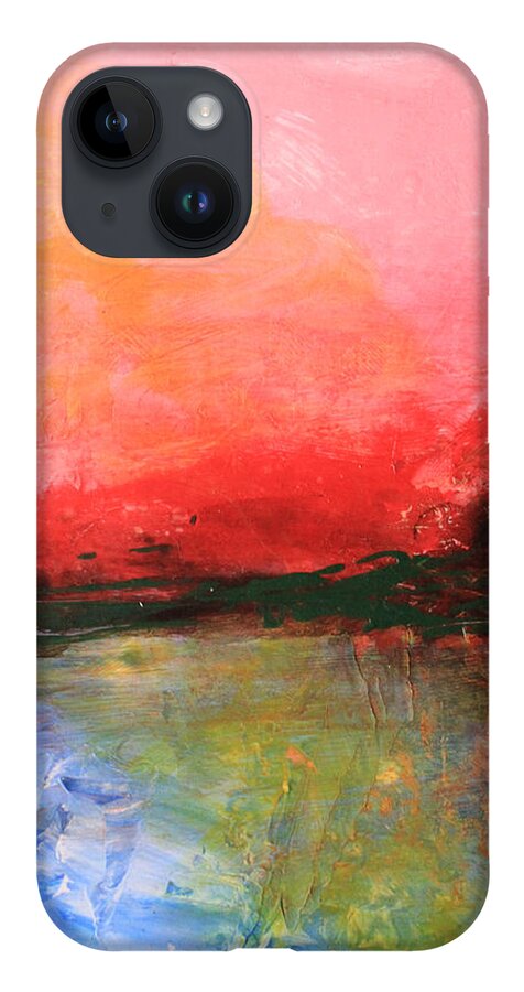 Pink iPhone 14 Case featuring the painting Pink Sky over Water Abstract by April Burton