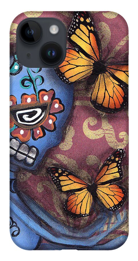 Day Of The Dead iPhone 14 Case featuring the painting Playing with Monarchs by Abril Andrade