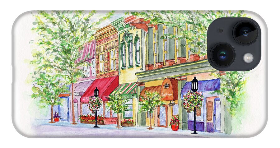 Ashland Oregon iPhone 14 Case featuring the painting Plaza Shops by Lori Taylor